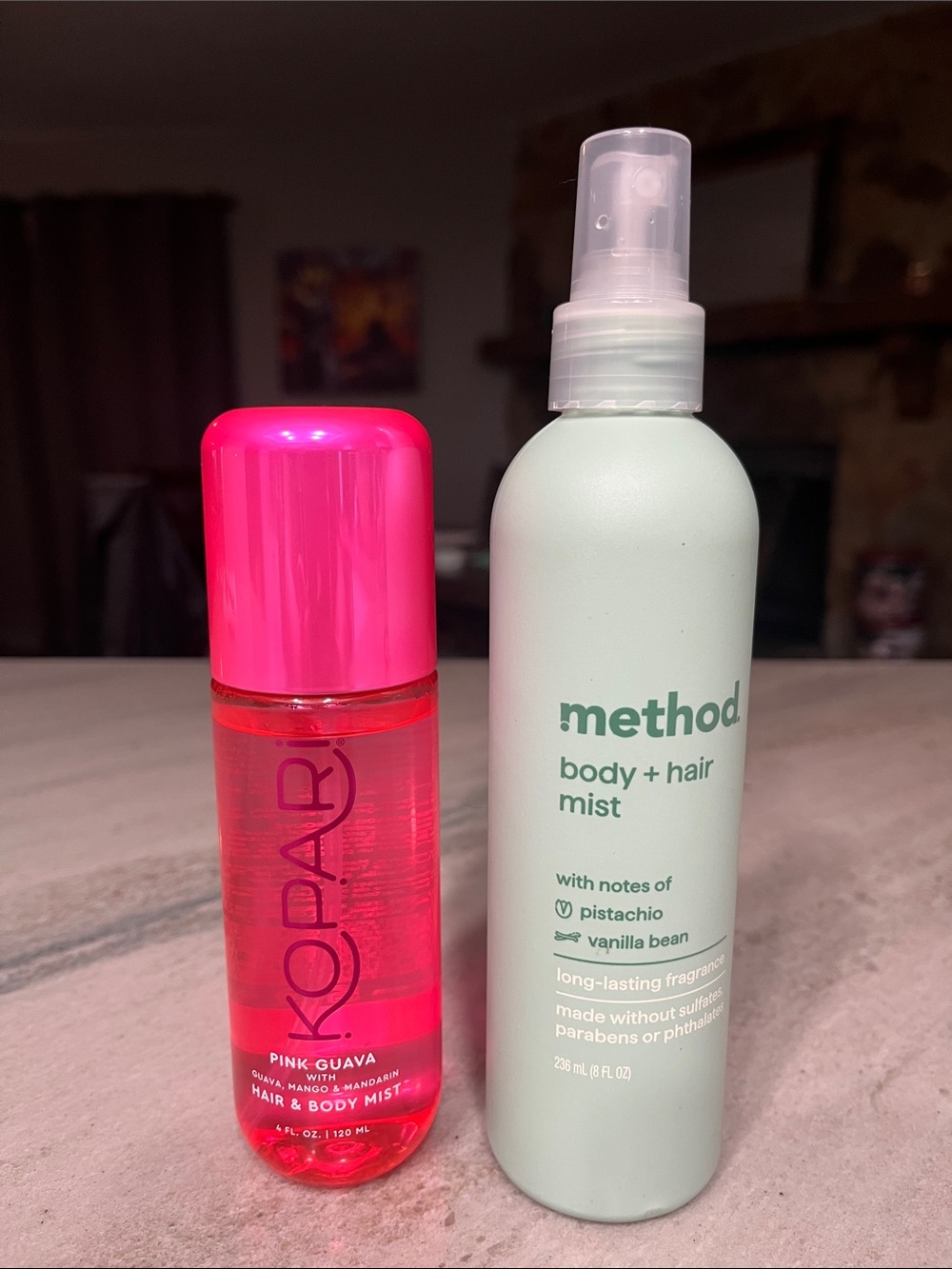 Mist duo - Method pistachio/vanilla & Kopari Pink Guava Hair & Body mists